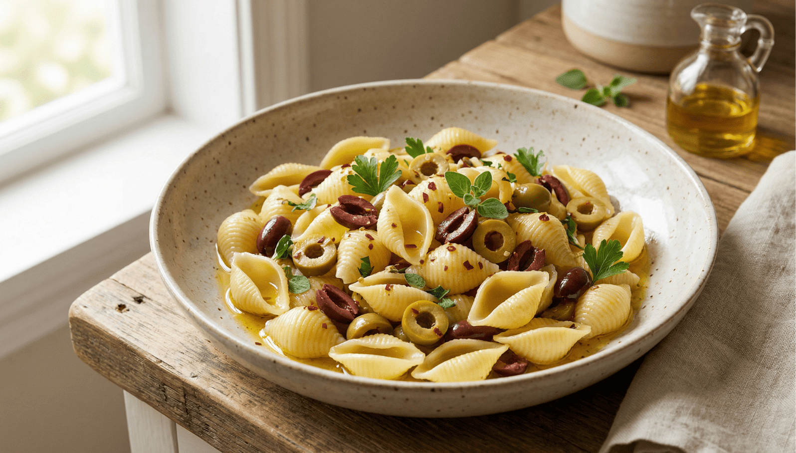 Pasta mit Oliven und Chili